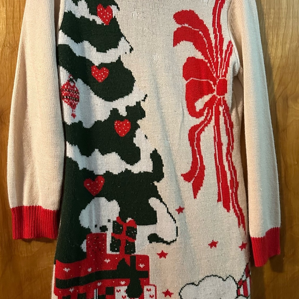 Beige Crewneck Holiday Sweater with Red & Green Gift Tree Motif